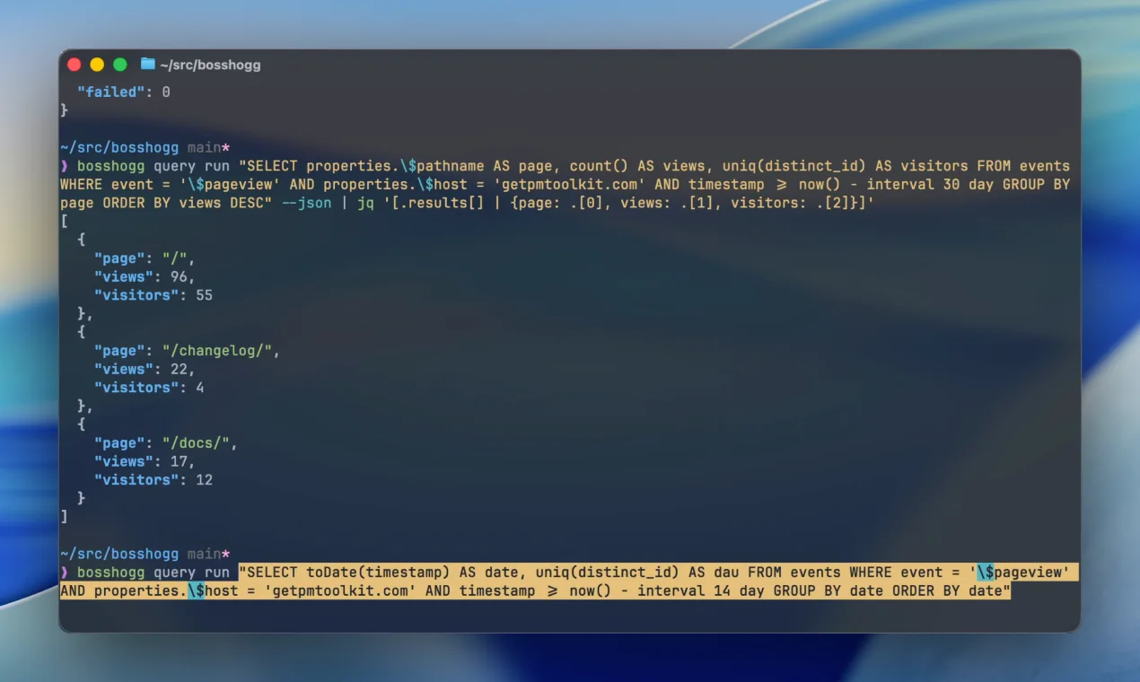A HogQL query piped straight into jq