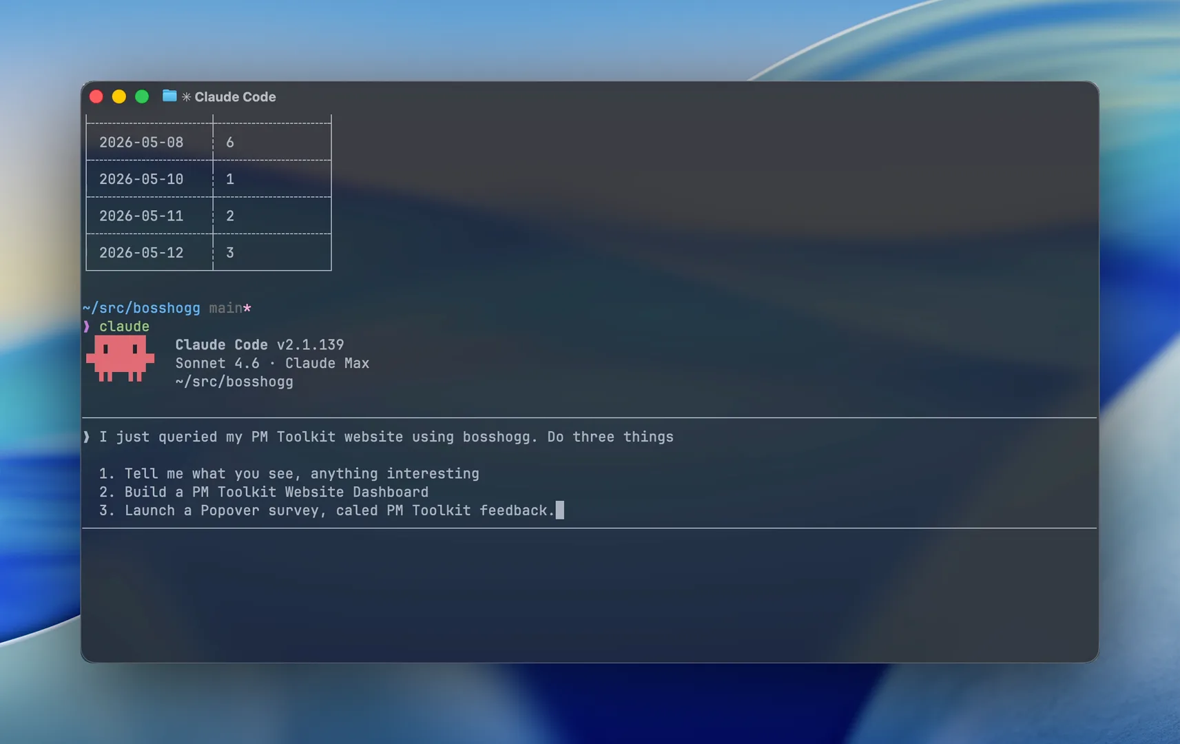Claude Code running BossHogg: query, dashboard, and survey from one prompt