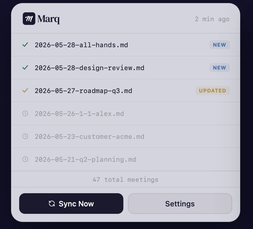 Synced meeting notes with NEW and UPDATED badges