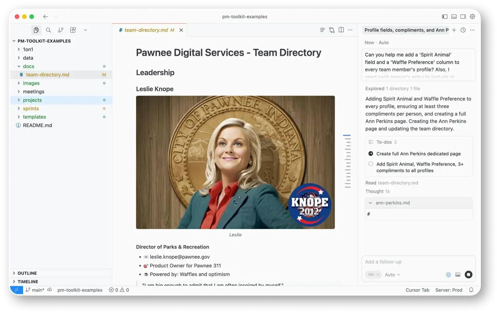 PM Toolkit's markdown editor in Cursor, with an agent in the side panel
