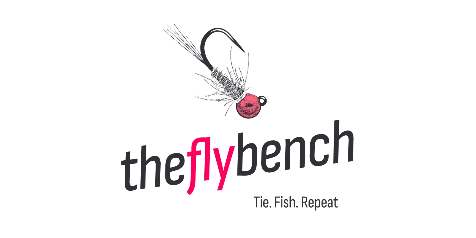 The Fly Bench logo: a tied jig nymph with a pink bead head over the wordmark "theflybench" and the tagline "Tie. Fish. Repeat"