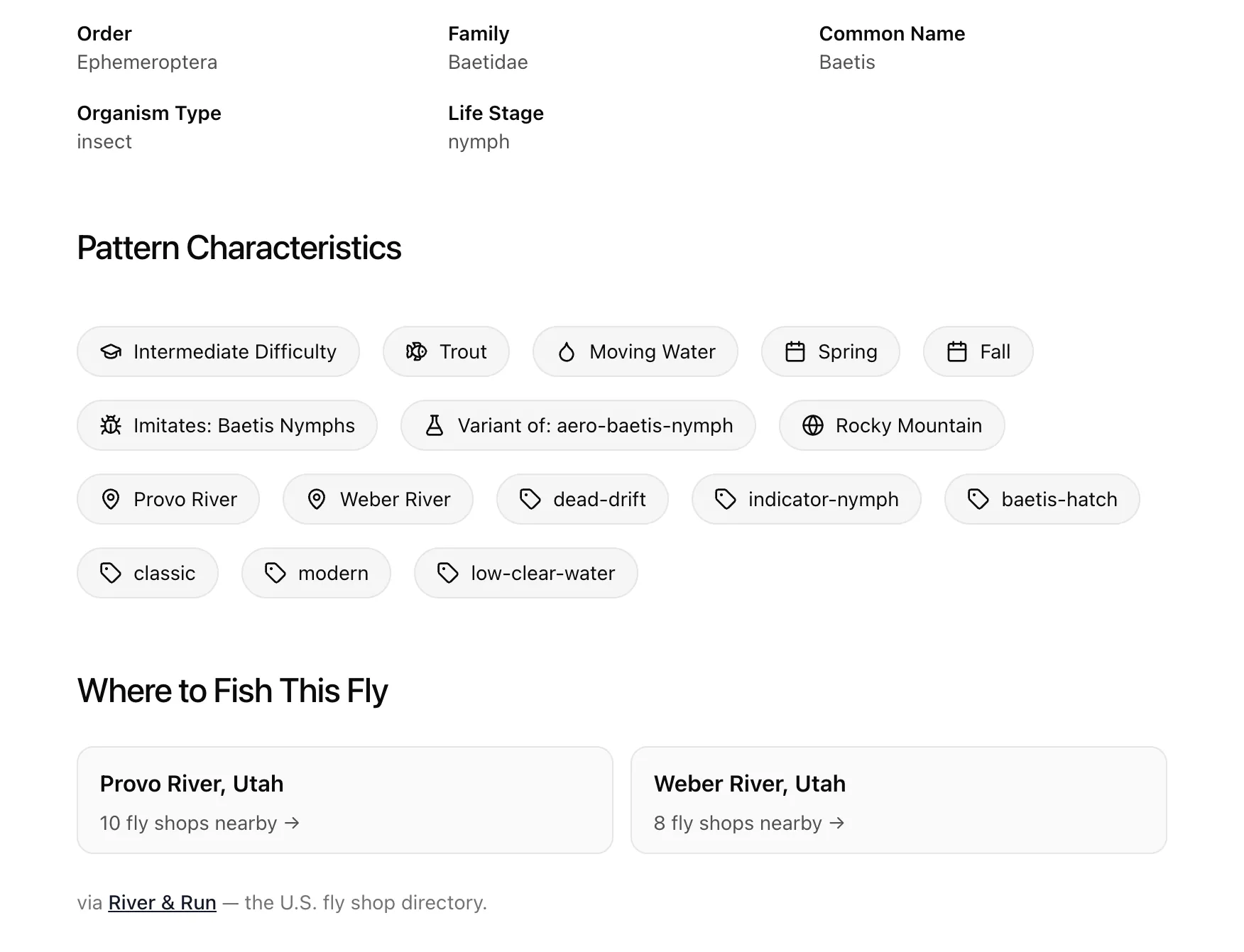 Pattern characteristics: difficulty, species, water, season, and rivers
