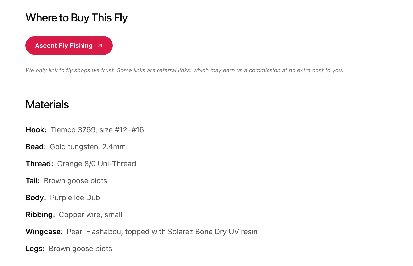 The materials list on a pattern, with a link to buy the fly from a shop