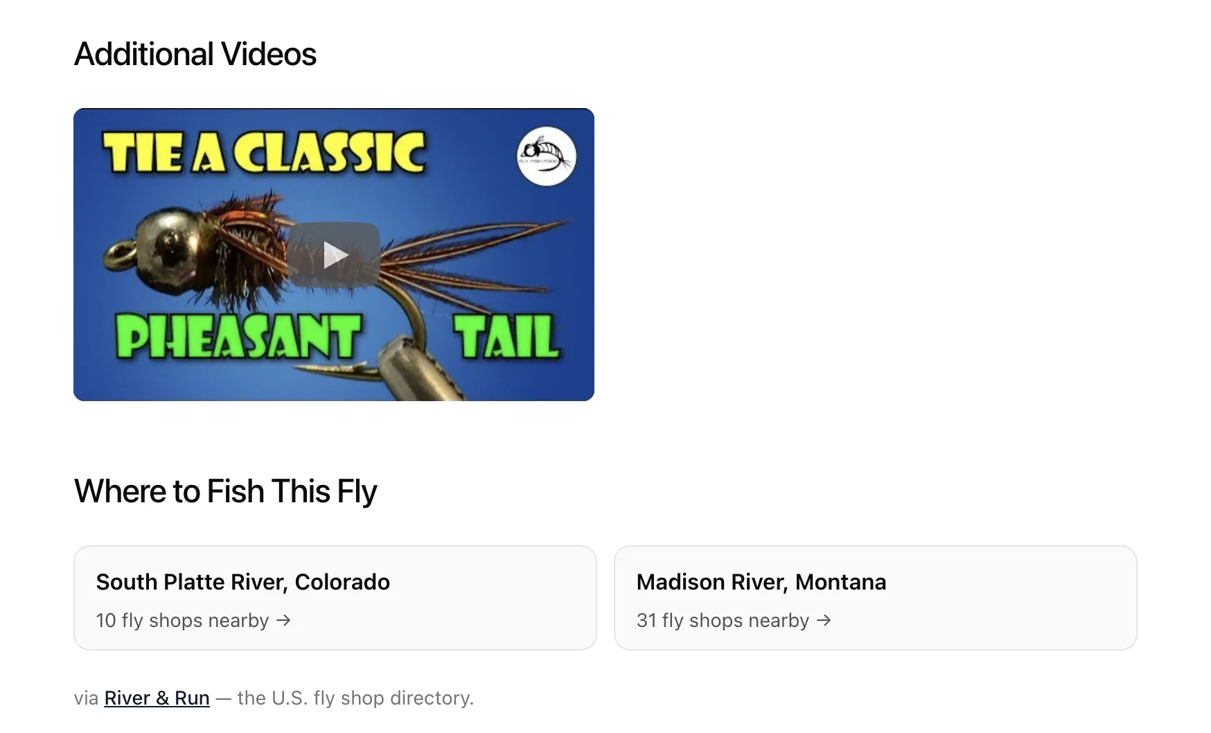 A tutorial video and nearby fly shops for the rivers it fishes