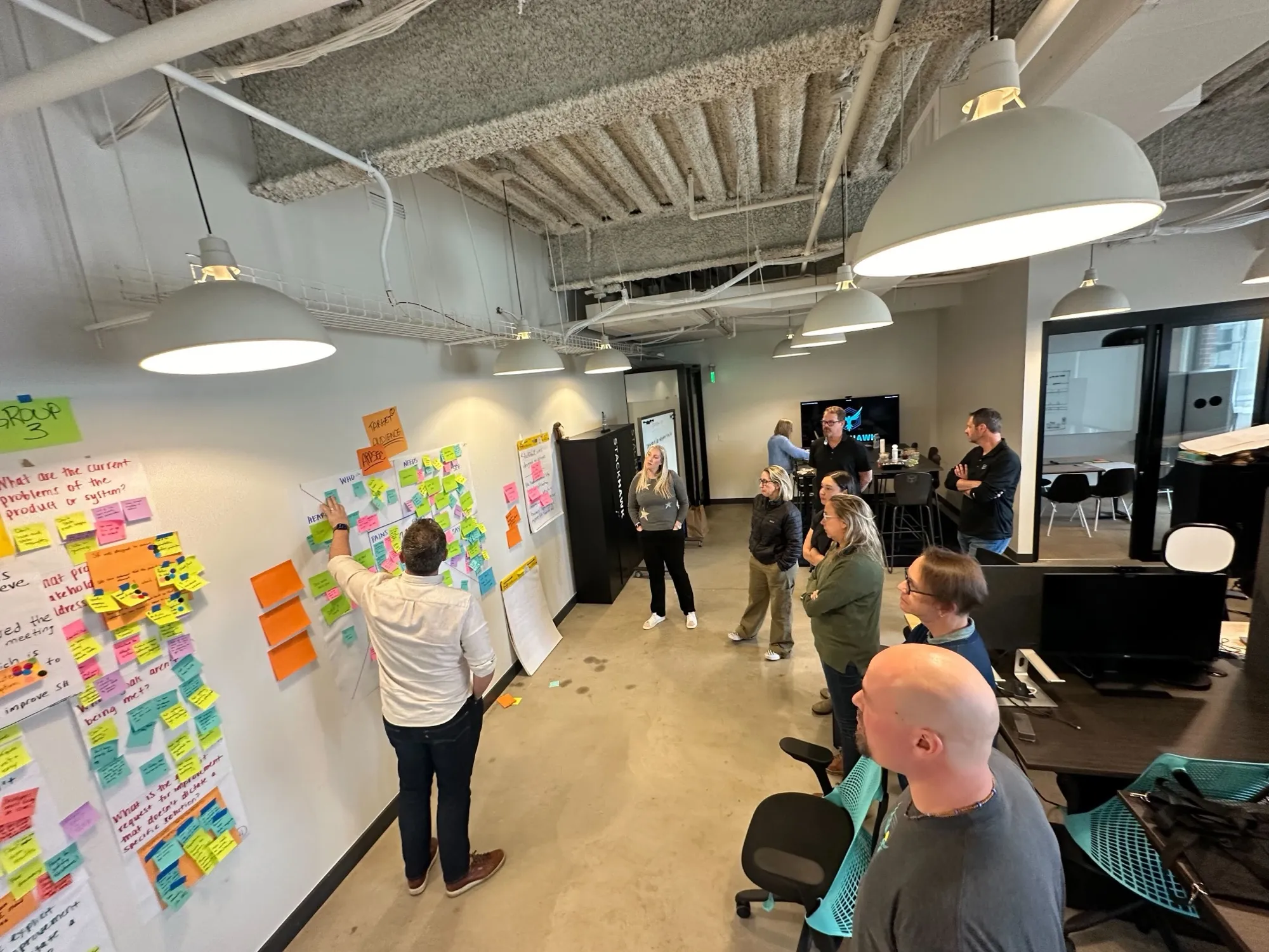 Day one: groups at the walls, sticky notes going up