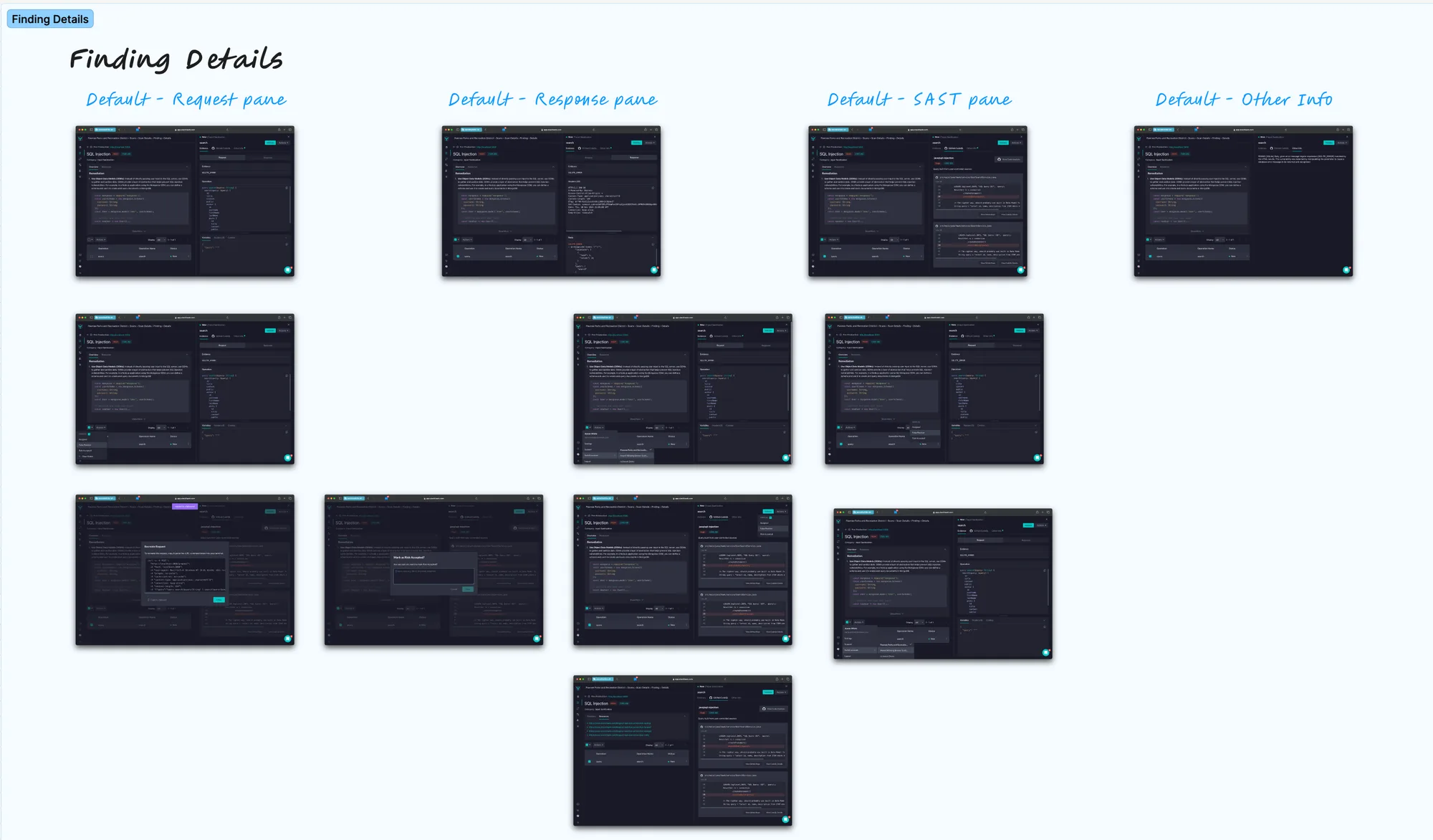 Every state of the Finding Details screen, side by side
