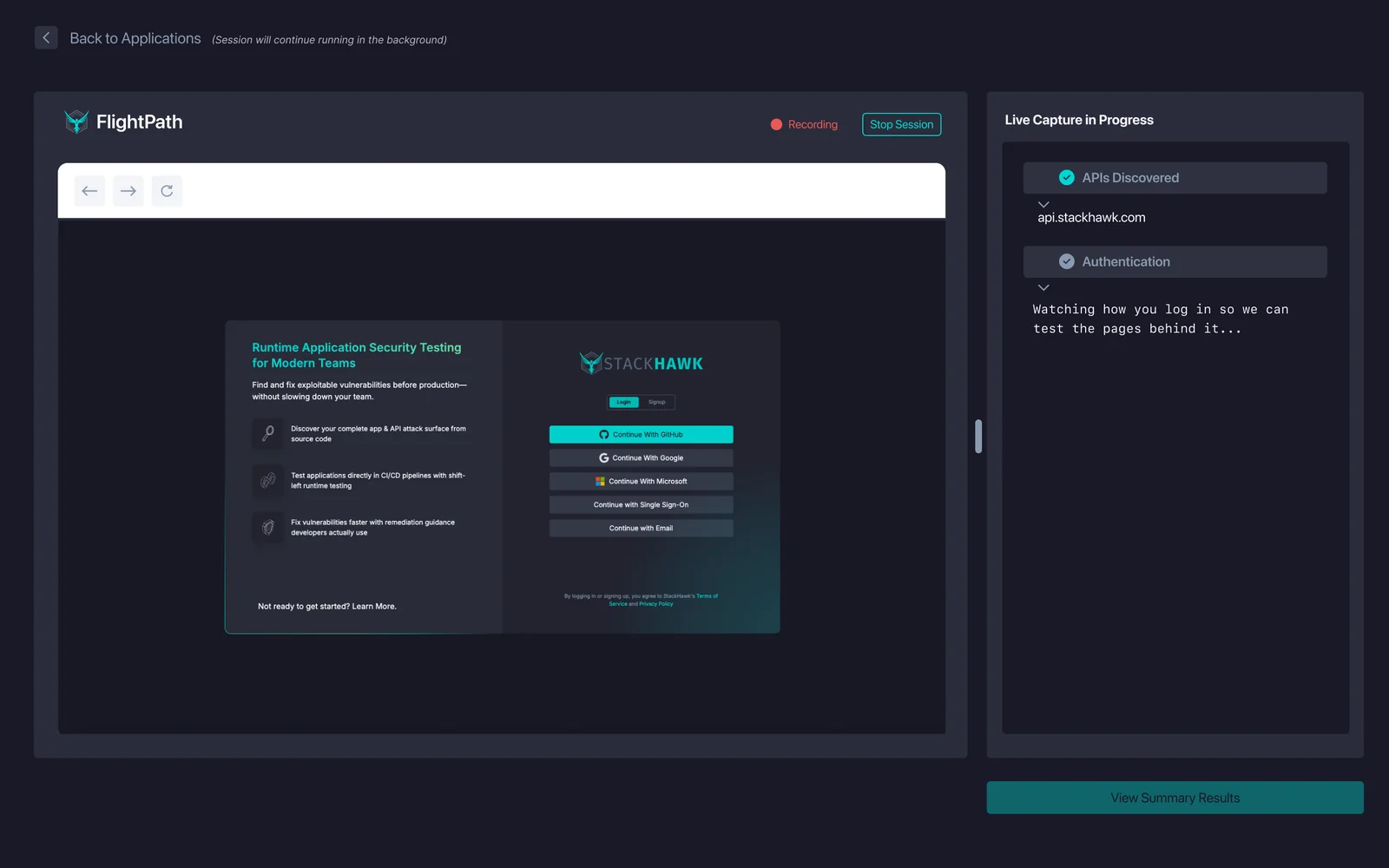 FlightPath capturing a login in the browser, so scans can reach the pages behind it
