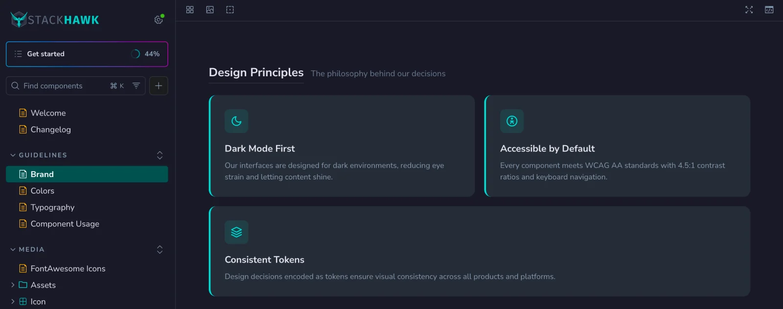 Design principles: dark mode first, accessible by default, consistent tokens